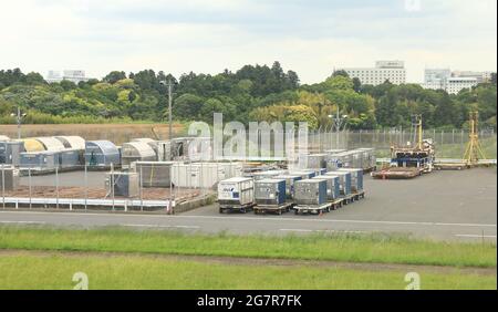 NARITA, JAPAN - MAY 2018 : Air freight transport logistics. Air cargo containers on the ramp waiting for loading Stock Photo