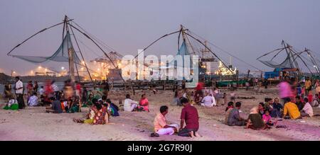 Panoramic view of Chinese fishing nets after dusk, Fort Kochi (cochin), Kerala, India Stock Photo