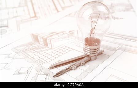 Architectural plans, a new idea concept background with blueprints on the table Stock Photo
