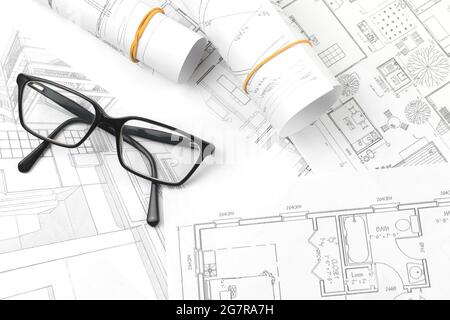 Architecture and engineering business concept background with blueprints and glasses, top view Stock Photo