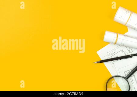Architect design concept. Working on drawing sketch plans and blueprints. Copy space and top view Stock Photo