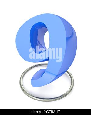 Number 9 blue over metallic circle on white background - 3D rendering illustration Stock Photo