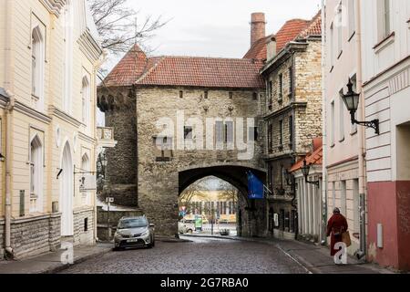 Tallinn, Estonia. Rear view of the Great Coastal Gate (Suur Rannavarav) from Pikk Street Stock Photo