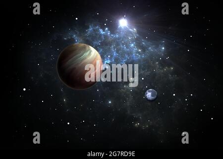 Exoplanets or Extrasolar planets with stars on background nebula, 3D illustration Stock Photo