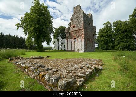 Greenknowe Tower a 16th-century tower house near Gordon in the Scottish Borders on a summers day. Stock Photo