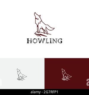 Howling Wolf on Cliff Mountain Wild Animal Line Logo Stock Vector