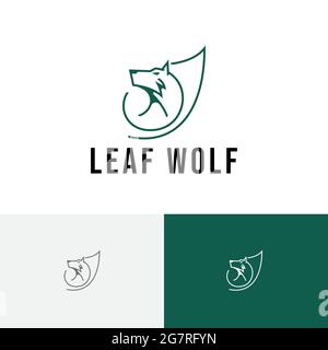 Nature Green Leaf Eco Wolf Head Line Logo Stock Vector