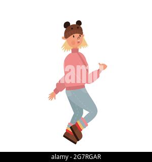 Little cute funny girl walks in autumn clothes. Funny cartoon illustration of a child in a hat with ears, down jacket and puffy boots. Stock Vector