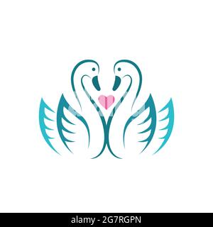Vector of two swan and pink heart on white background. Birds. Animals. Easy editable layered vector illustration. Wild Animals. Stock Vector