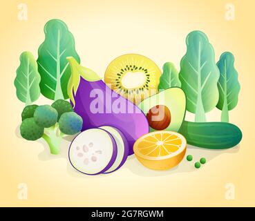 Background With Organic Fresh Vegetables. and Fruits Healthy Food. Vector illustration Stock Vector