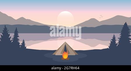 wanderlust camping adventure tent on mountain forest landscape by the lake vector illustration EPS10 Stock Vector