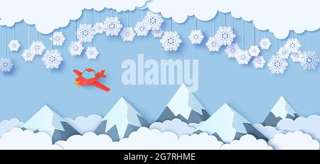 Snowflakes on ropes hanging over mountains and red airplane flying in paper cut style. Clouds in blue sky, plaine and snow capped mountains. Vector Stock Vector