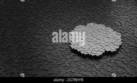 3d rendering metal cubes in shape of symbol of brain hemisphere light silver colored on dark cubes with randomness Stock Photo