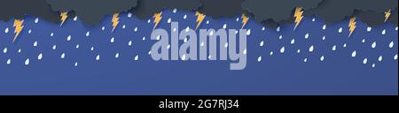 Rain thunder lightning and clouds in the paper cut style. Vector storm weather concept with falling water drops from the cloudy night sky and flash Stock Vector
