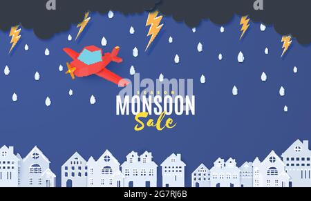 Red airplane flying in the storm over houses in the paper cut style. Rain thunder lightning clouds and city buildings. Vector rainy weather concept Stock Vector