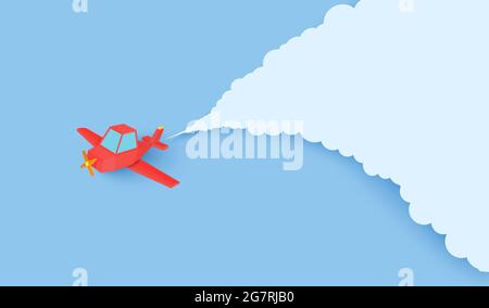Red airplain flies in blue sky through the clouds in paper cut style. Landscape with 3d origami contrails behind plaine. Vector origami polygonal Stock Vector