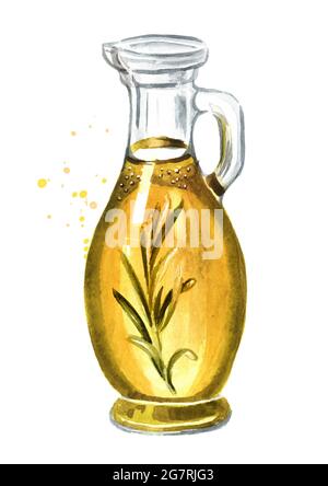 Bottle of fresh virgin olive oil with rosemary. Hand drawn watercolor illustration isolated on white background Stock Photo