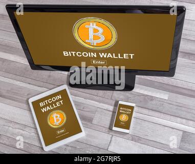 Bitcoin wallet concept shown on different information technology devices Stock Photo