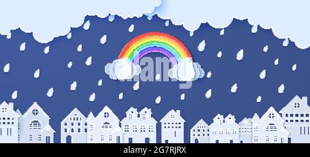 Rainbow rain and clouds over houses in the paper cut style. Vector clouds and rain in blue sky background and city buildings. Monsoon sale advertising Stock Vector