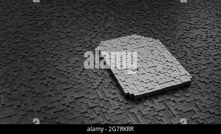 3d rendering metal cubes in shape of symbol of paper with bent corner and sound symbol light silver colored on dark cubes with randomness Stock Photo