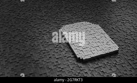3d rendering metal cubes in shape of symbol of paper with bent corner and text light silver colored on dark cubes with randomness Stock Photo