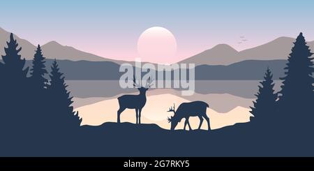 two moose in wildlife at beautiful lake in the mountains vector illustration EPS10 Stock Vector