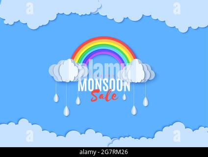 Rainbow and clouds with bangle falling drops in paper cut style. Vector cloudy weather concept isolated on blue background. Monsoon sale advertising Stock Vector