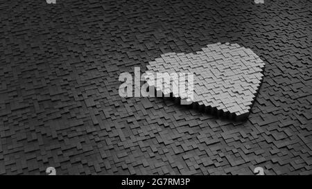 3d rendering metal cubes in shape of symbol of heart with pulse curve light silver colored on dark cubes with randomness Stock Photo