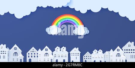 Rainbow and clouds over houses in the paper cut style. Vector cloudy weather in blue sky background and white papercut city buildings. Monsoon sale Stock Vector