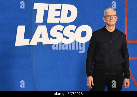 Apple CEO Tim Cook arrives at Apple's TED LASSO Season 2 Premiere held at the Pacific Design CenterPacific Design Center in West Hollywood, CA on Thursday, ?July 17, 2021. (Photo By Sthanlee B. Mirador/Sipa USA) Stock Photo