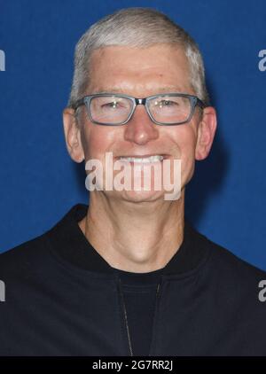 Apple CEO Tim Cook arrives at Apple's TED LASSO Season 2 Premiere held at the Pacific Design CenterPacific Design Center in West Hollywood, CA on Thursday, ?July 17, 2021. (Photo By Sthanlee B. Mirador/Sipa USA) Stock Photo