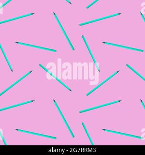 Seamless pattern with blue pencils on pink background. Back to school concept. Office, school supplies. Stock Photo