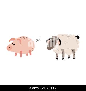 Set of farm animals. Pig and sheep  Stock Vector