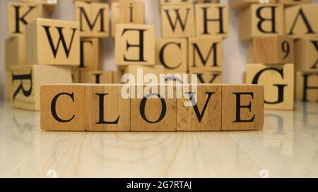 The word Clove was created from wooden letter cubes. Gastronomy and spices. close up. Stock Photo