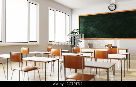 Empty white classroom background with green chalkboard table and seat on wooden floor. Education and Back to school concept. Architecture interior. So Stock Photo