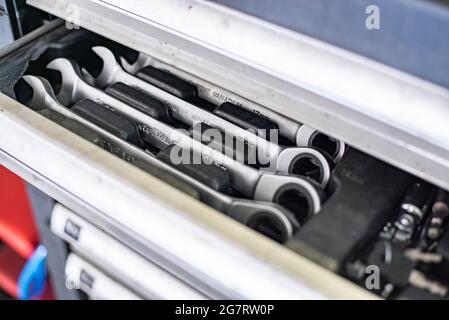 MILAN, ITALY 14 JULY 2021: Detail of Wrench in the drawer Stock Photo