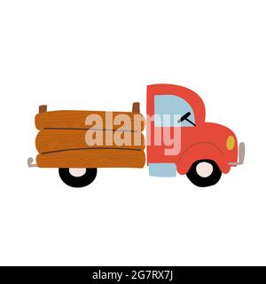 Red farm pick up truck flat hand drawn car Stock Vector