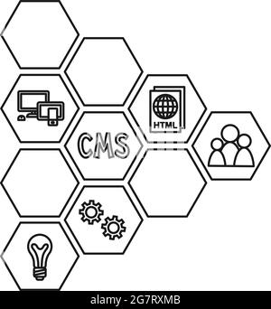 Line art black and white pattern of cms elements. Hexagon arrow point right. Content management system vector illustration for web site, banner, broch Stock Vector