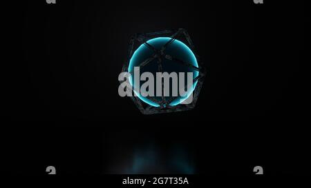 Glowing sphere in metallic frame. Sci-fi abstraction. Rotating circle. Stock Photo