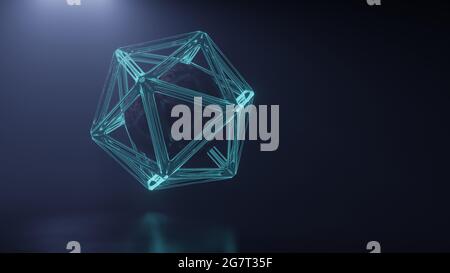 Metallic sphere in glowing light blue frame. Sci-fi abstraction. Rotating circle. Stock Photo