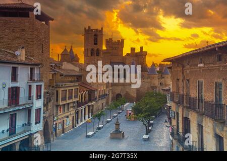 Incredible sunrise of the Royal Palace of the medieval town Olite in Navarra, Spain Stock Photo