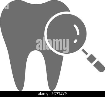 Tooth with magnifying glass gray icon. Organ research symbol Stock ...