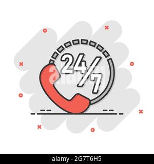 Phone service 24/7 icon in comic style. Telephone talk cartoon vector illustration on white isolated background. Hotline contact splash effect busines Stock Vector