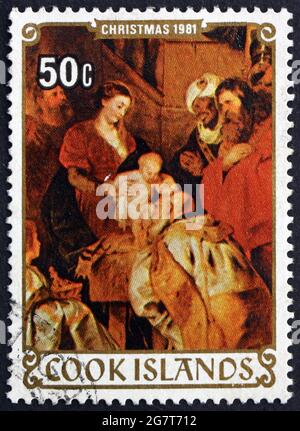 COOK ISLANDS - CIRCA 1981: a stamp printed in Cook Islands shows Adoration of the Kings, Painting by Rubens, Christmas, circa 1981 Stock Photo