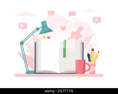 Learning and reading concept. Open book on table, lamp, pens and pencils. Cute vector illustration in flat cartoon style Stock Vector
