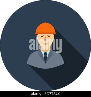 Icon Of Construction Worker Head In Helmet. Flat Circle Stencil Design With Long Shadow. Vector Illustration. Stock Vector