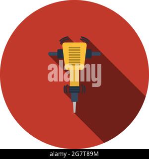 Icon Of Construction Jackhammer. Flat Circle Stencil Design With Long Shadow. Vector Illustration. Stock Vector