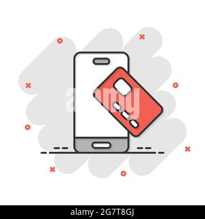 Smartphone paying icon in comic style. Nfc credit card cartoon vector illustration on white isolated background. Banking splash effect business concep Stock Vector