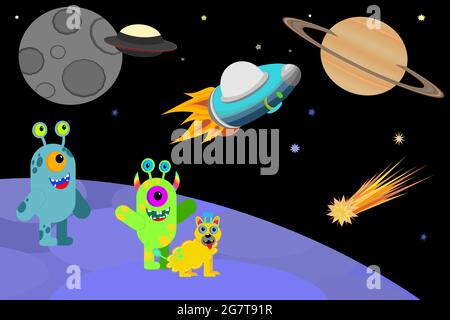 Two cute aliens and alien dog in an outer space landscape with UFO’s and planets cartoon design. Alien landscape vector illustration Stock Vector