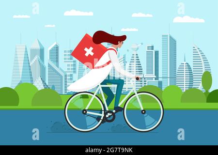 medicine pharmacy delivery female doctor riding bicycle with medical sanitary box first aid on city park road woman therapist pharmacist emergency on cycle vector eps illustration 2g7t9nk